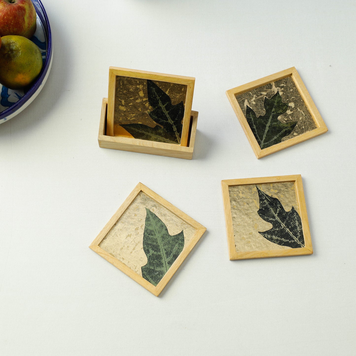 Set of 4 - Gold Carica Papaya Art Work Wooden Square Coasters (4 x 4 in)