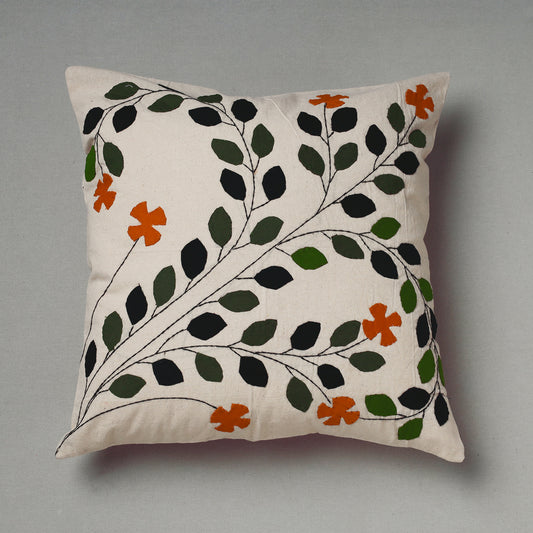 White - Pipli Applique Work Cotton Cushion Cover (16 x 16 in)