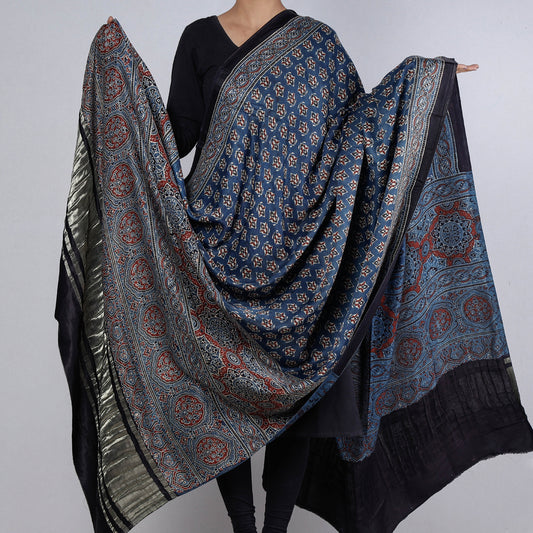 Blue - Ajrakh Block Printed Natural Dyed Modal Silk Dupatta