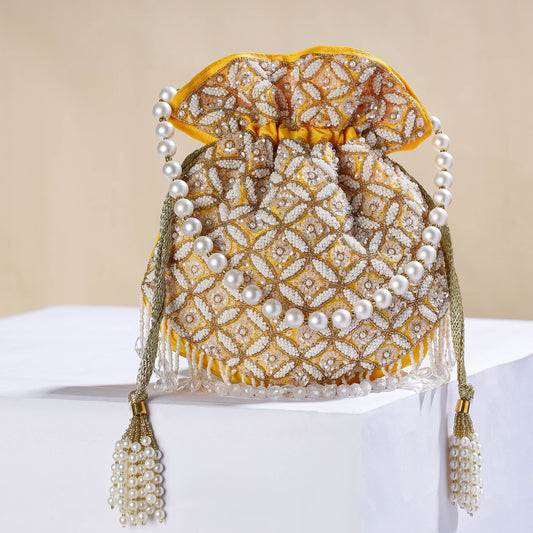 Yellow Hand Embroidery Beadwork Silk Potli Bag