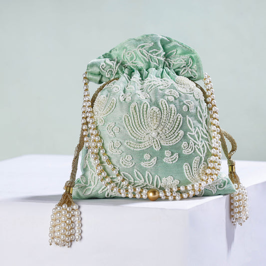Mint Green Hand Embroidery Beadwork Silk Potli Bag