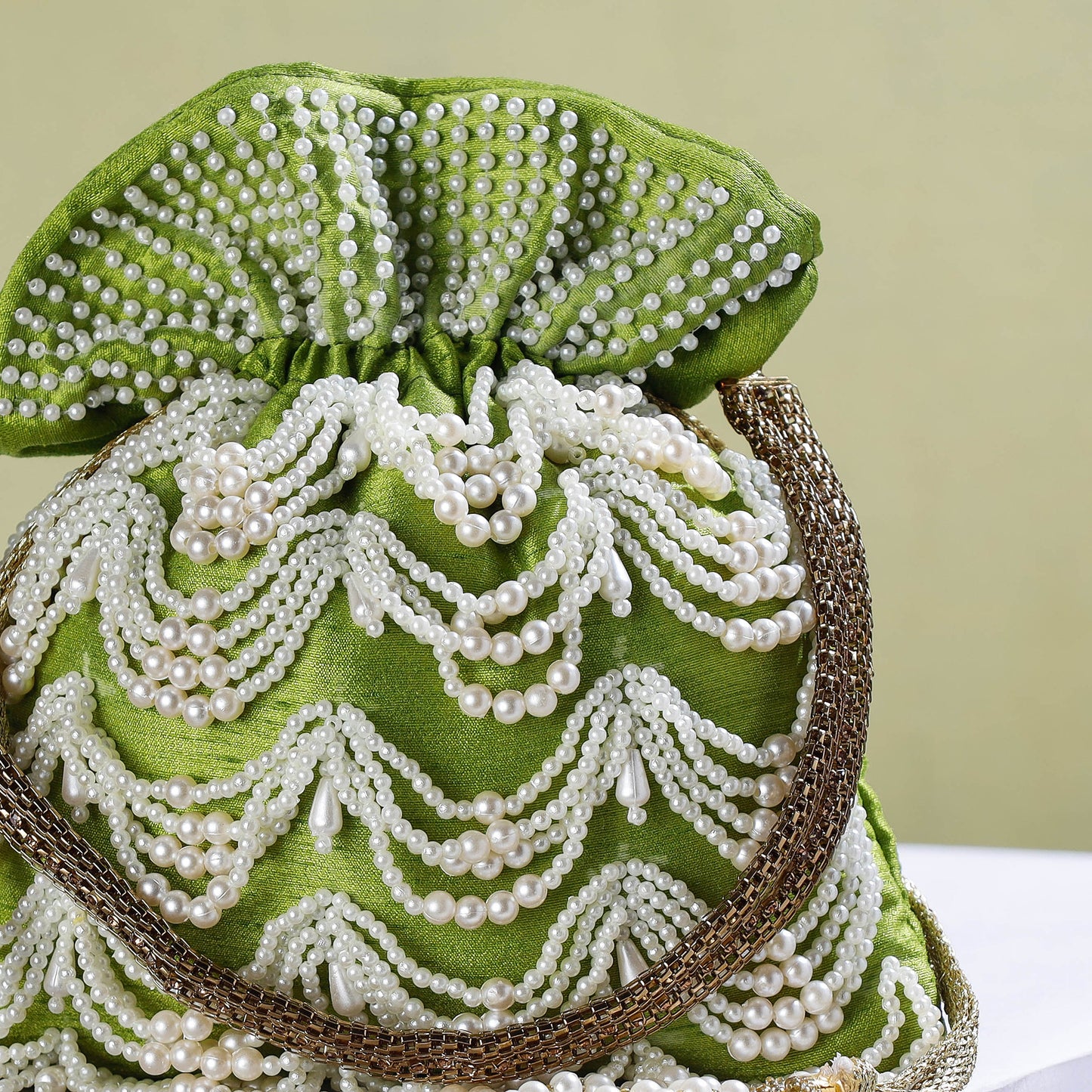 Lime Green Hand Embroidery Beadwork Silk Potli Bag
