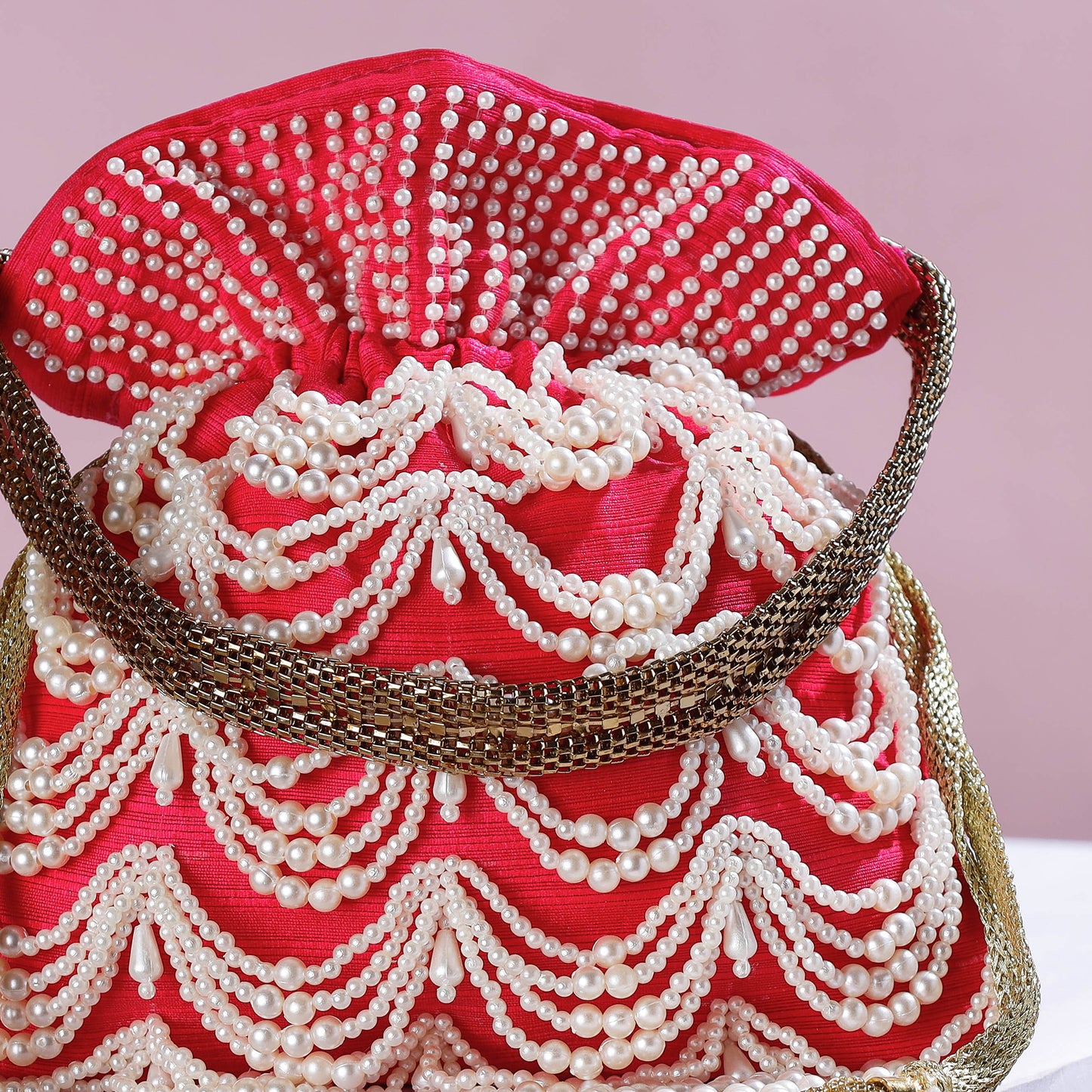 Fuchsia Pink Hand Embroidery Beadwork Silk Potli Bag
