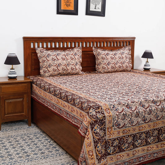 Beige - Kalamkari Block Printed Cotton Double Bed Cover with Pillow Covers - (108 x 90)