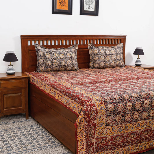 Kalamkari Block Printed Cotton Double Bed Cover with Pillow Covers - (108 x 90)