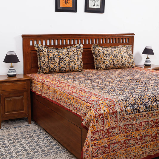 Black - Kalamkari Block Printed Cotton Double Bed Cover with Pillow Covers - (108 x 90)