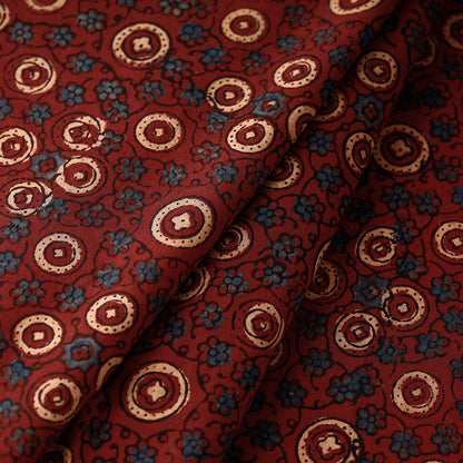 Red - Beige Circles & Blue Florets Ajrakh Hand Block Printed Cotton Fabric