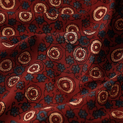 Red - Beige Circles & Blue Florets Ajrakh Hand Block Printed Cotton Fabric