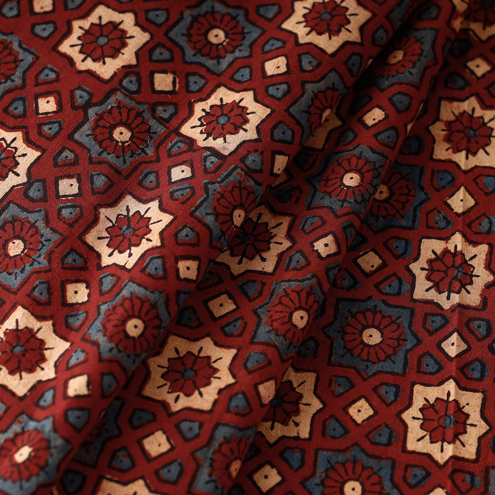  Red Floral Blocks Block Print Cotton Ajrakh Fabric