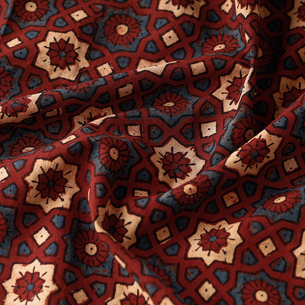  Red Floral Blocks Block Print Cotton Ajrakh Fabric