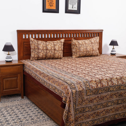 Red - Kalamkari Block Printed Cotton Double Bed Cover with Pillow Covers (108 x 90 in)