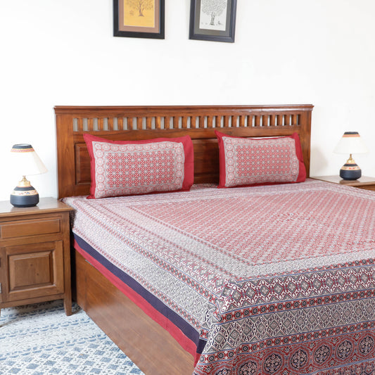 Red - Ajrakh Printed Cotton Double Bedcover with Pillow Covers from Barmer (107 x 92 in)