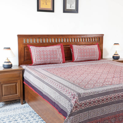 Red - Ajrakh Printed Cotton Double Bedcover with Pillow Covers from Barmer (107 x 92 in)