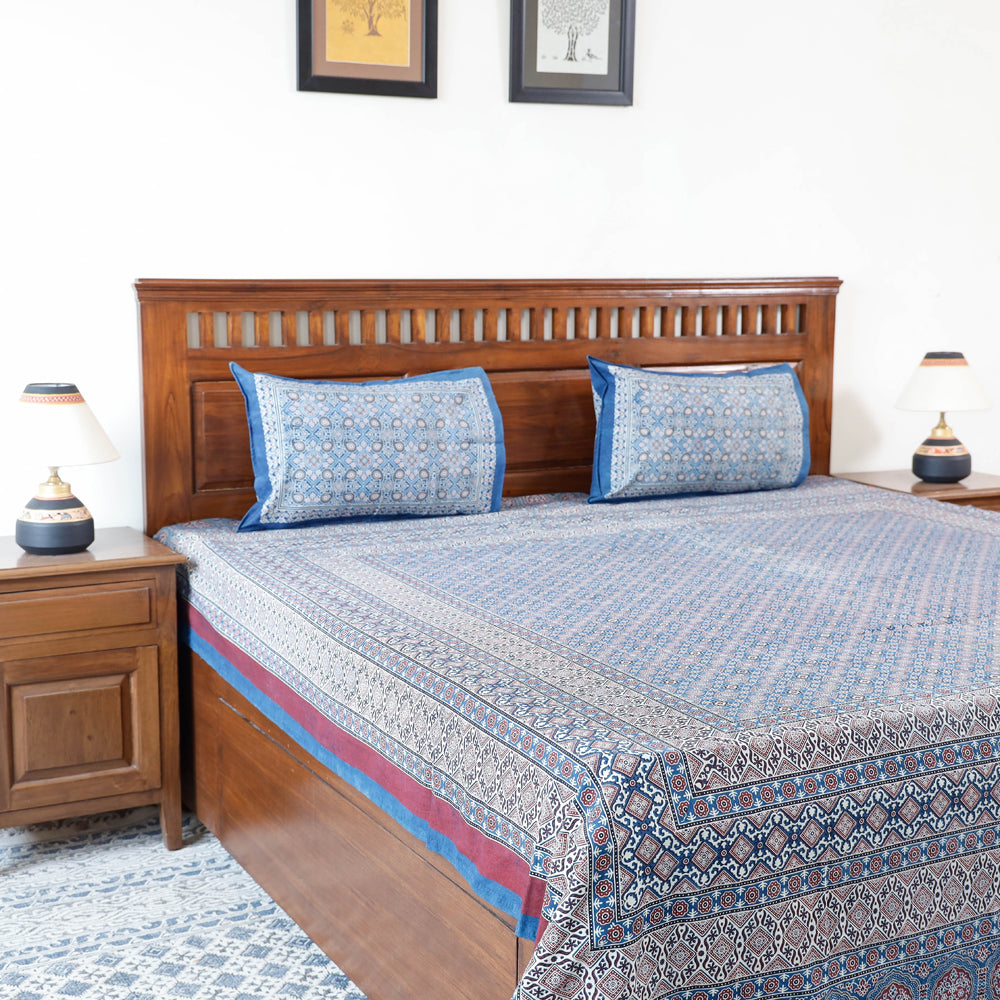 Blue - Ajrakh Printed Cotton Double Bedcover with Pillow Covers from Barmer (107 x 92 in)