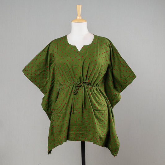 Green - Bandhani Tie-Dye Cotton Kaftan with Tie-Up Waist (Short)