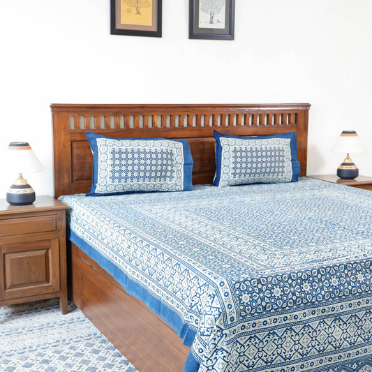 Blue - Ajrakh Printed Cotton Double Bedcover with Pillow Covers from Barmer (107 x 92 in)