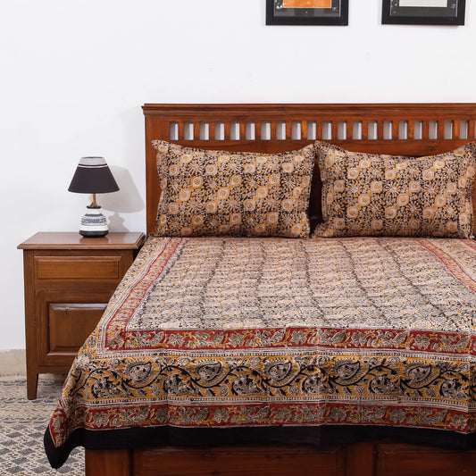 Black - Kalamkari Block Printed Cotton Single Bed Cover with Pillow Covers (90 x 60 in)