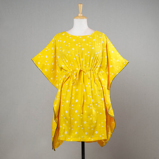 Yellow - Bandhani Tie-Dye Cotton Kaftan with Tie-Up Waist (Medium)