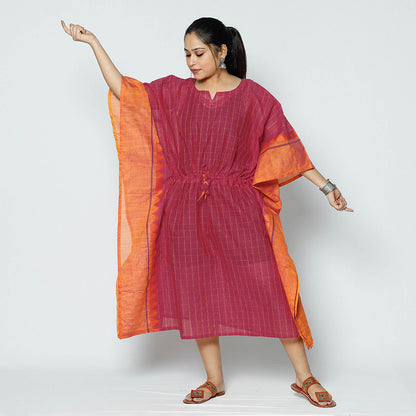 Pink - Kanchipuram Checks Cotton Kaftan with Tie-Up Waist (Medium)