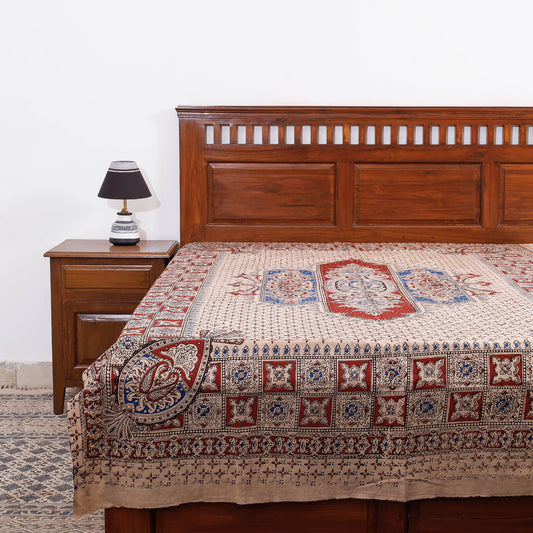 Beige - Kalamkari Block Printed Cotton Single Bed Cover (90 x 60 in)