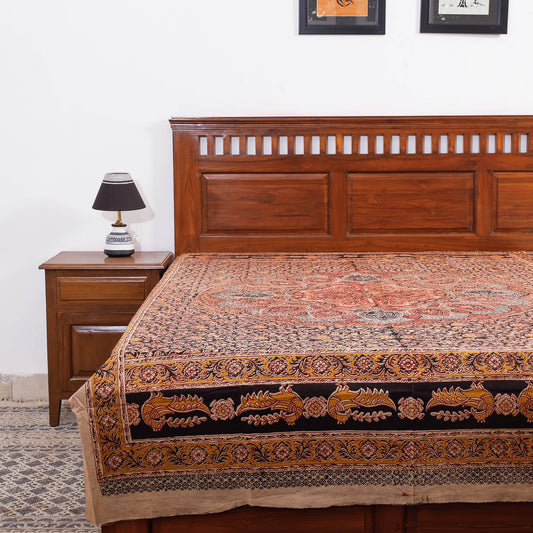 Beige - Kalamkari Block Printed Cotton Single Bed Cover (90 x 60 in)