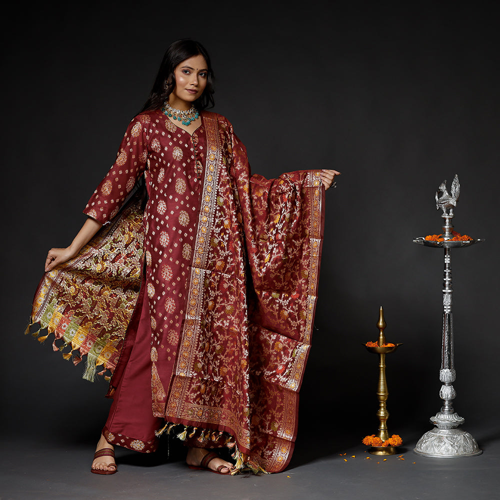 Maroon Banarasi Silk Zari Work Kurta with Palazzo & Dupatta Set