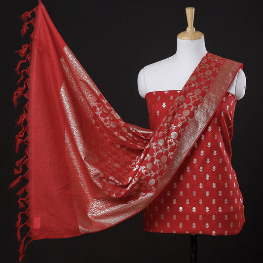 Red - 3pc Banarasi Cotton Zari Weaving Suit Material Set
