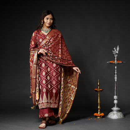 Maroon Banarasi Silk Zari Work Kurta with Palazzo & Dupatta Set