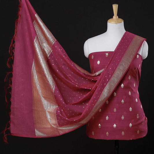 Pink - 3pc Banarasi Cotton Zari Weaving Suit Material Set