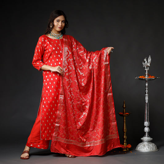 Red - Banarasi Silk Zari Work Kurta with Palazzo & Dupatta Set