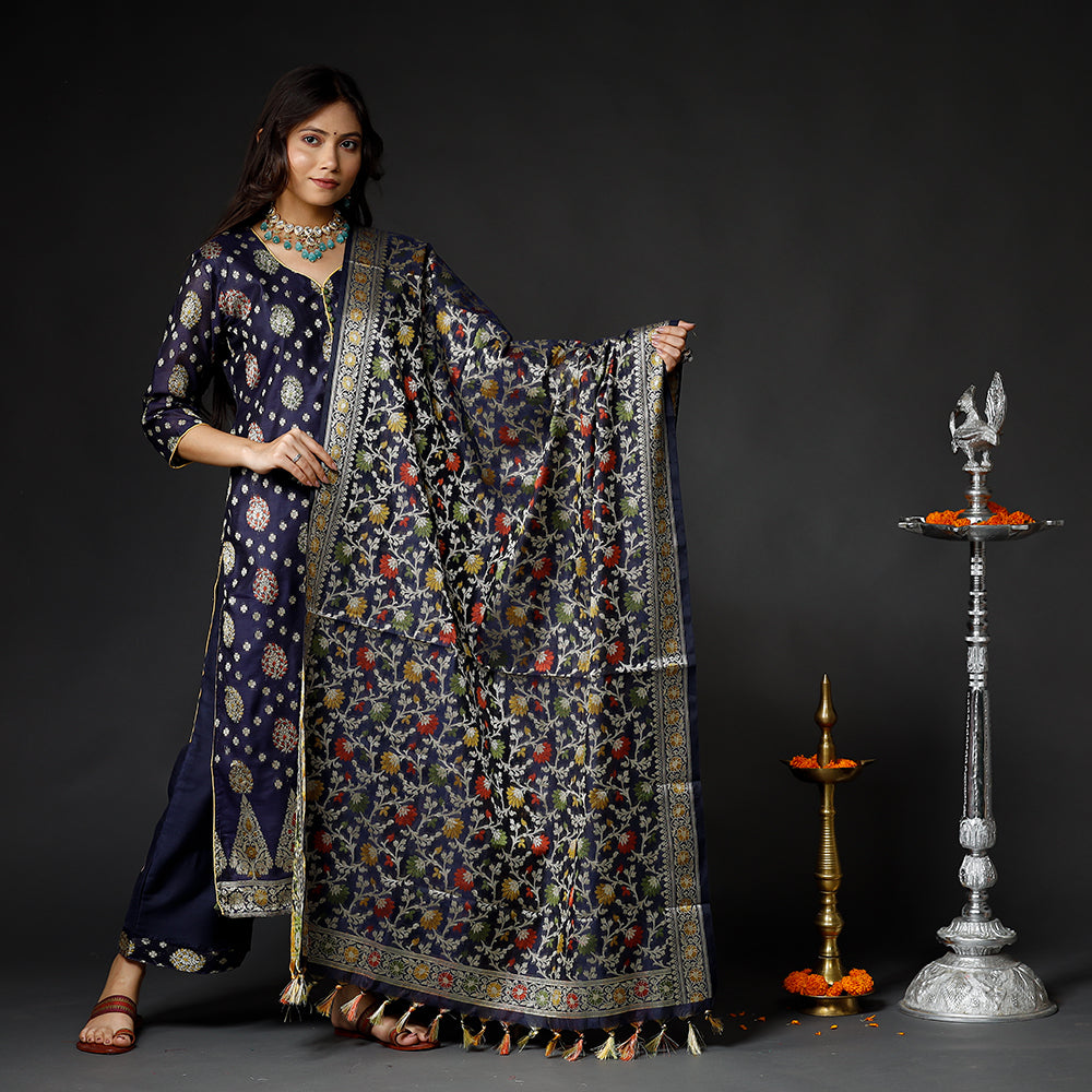 Oxford Blue Banarasi Silk Zari Work Kurta with Palazzo & Dupatta Set