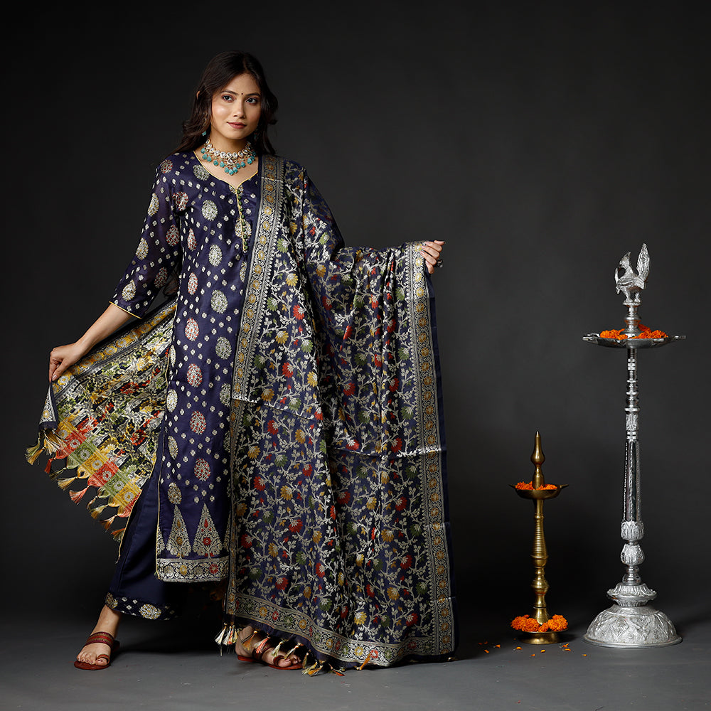 Oxford Blue Banarasi Silk Zari Work Kurta with Palazzo & Dupatta Set