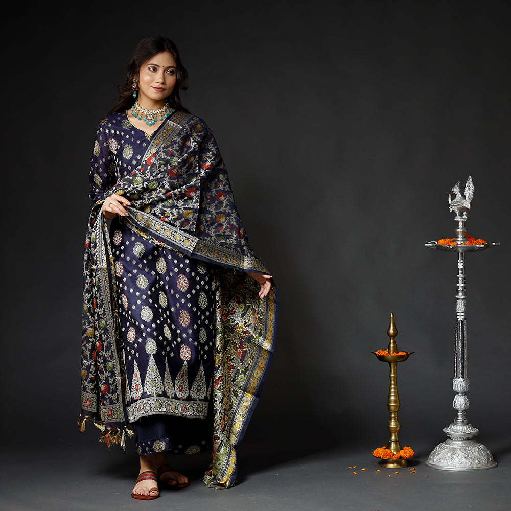 Oxford Blue Banarasi Silk Zari Work Kurta with Palazzo & Dupatta Set