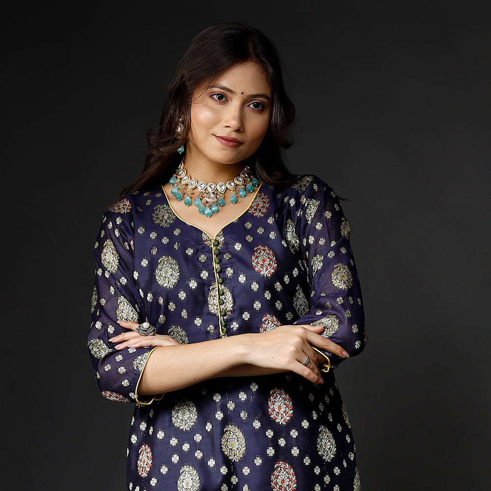 Oxford Blue Banarasi Silk Zari Work Kurta with Palazzo & Dupatta Set