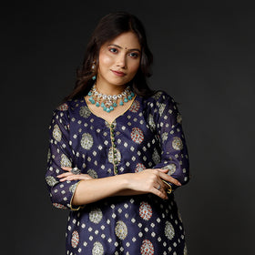Oxford Blue Banarasi Silk Zari Work Kurta with Palazzo & Dupatta Set