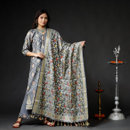 Grey - Slate Gray Banarasi Silk Zari Work Kurta with Palazzo & Dupatta Set
