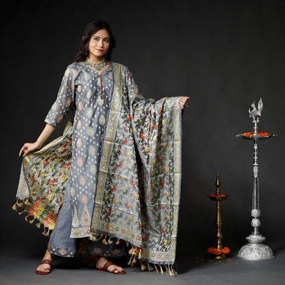 Grey - Slate Gray Banarasi Silk Zari Work Kurta with Palazzo & Dupatta Set