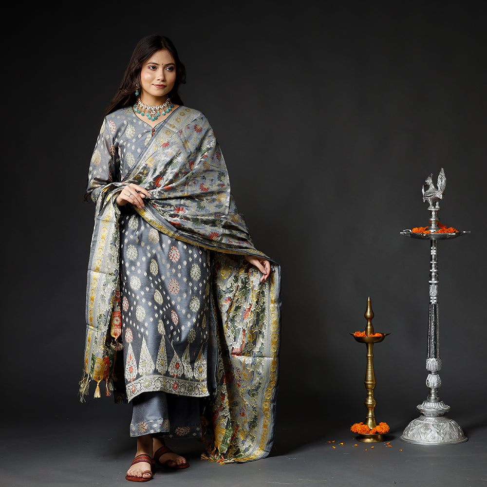 Grey - Slate Gray Banarasi Silk Zari Work Kurta with Palazzo & Dupatta Set