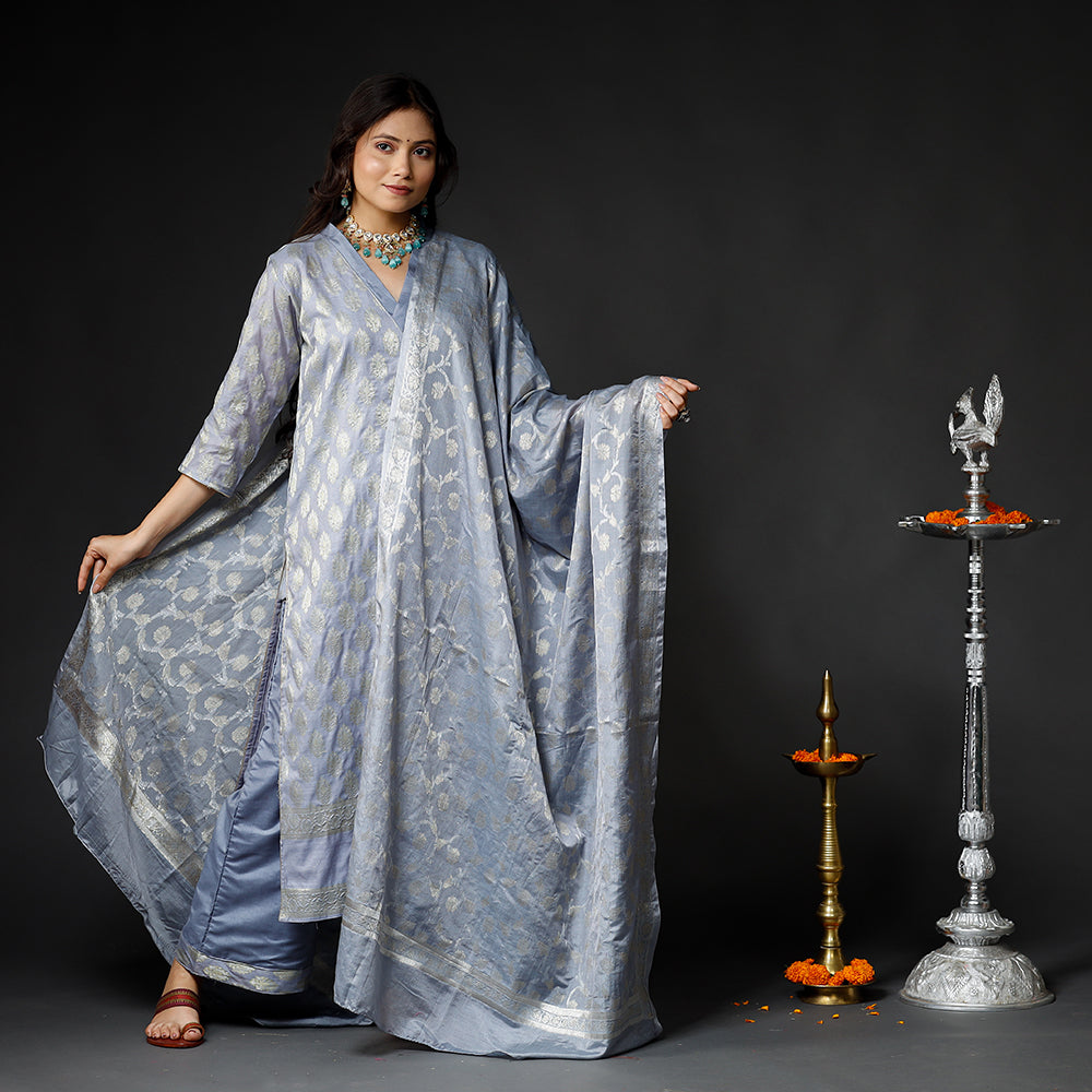 Grey - Banarasi Silk Zari Work Kurta with Palazzo & Dupatta Set