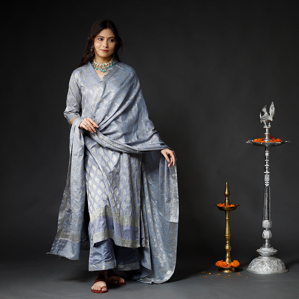 Grey - Banarasi Silk Zari Work Kurta with Palazzo & Dupatta Set