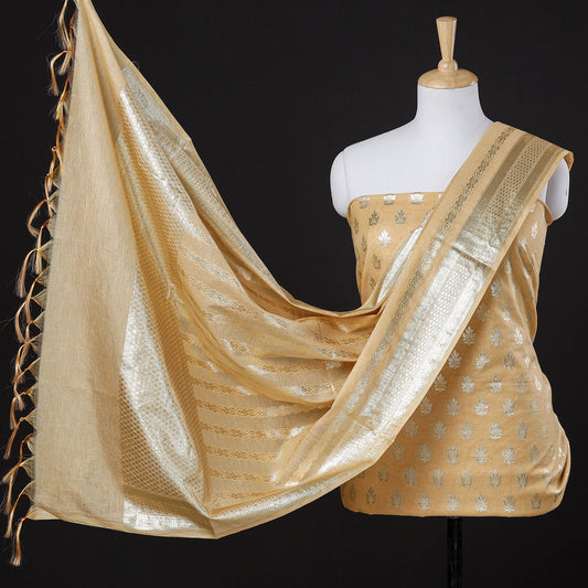 Beige - 3pc Banarasi Cotton Zari Weaving Suit Material Set