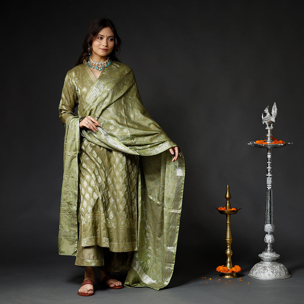 Moss Green Banarasi Silk Zari Work Kurta with Palazzo & Dupatta Set
