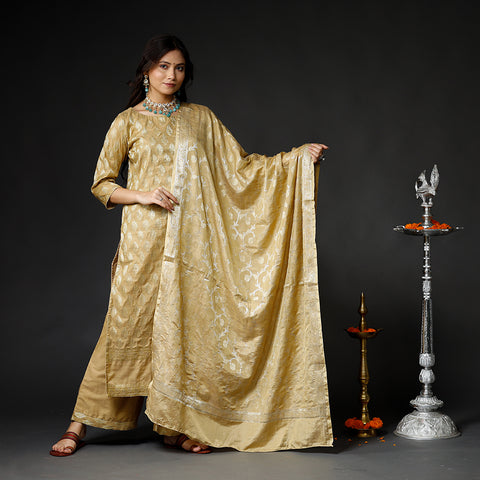 Mellow yellow - Banarasi Silk Zari Work Kurta with Palazzo & Dupatta Set