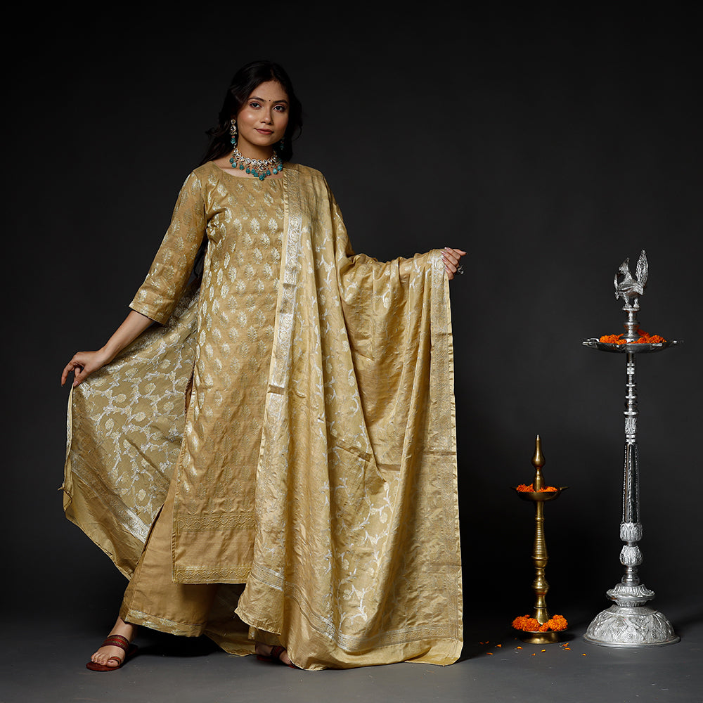 Mellow yellow - Banarasi Silk Zari Work Kurta with Palazzo & Dupatta Set