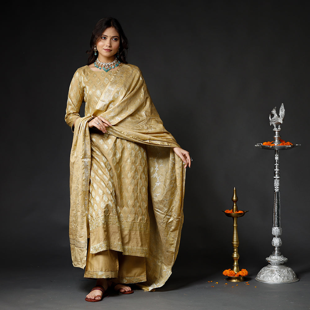 Mellow yellow - Banarasi Silk Zari Work Kurta with Palazzo & Dupatta Set