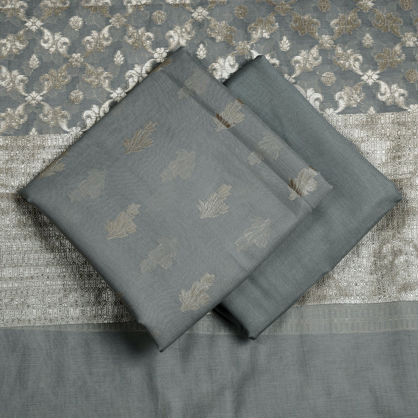 Grey - 3pc Banarasi Cotton Zari Weaving Suit Material Set