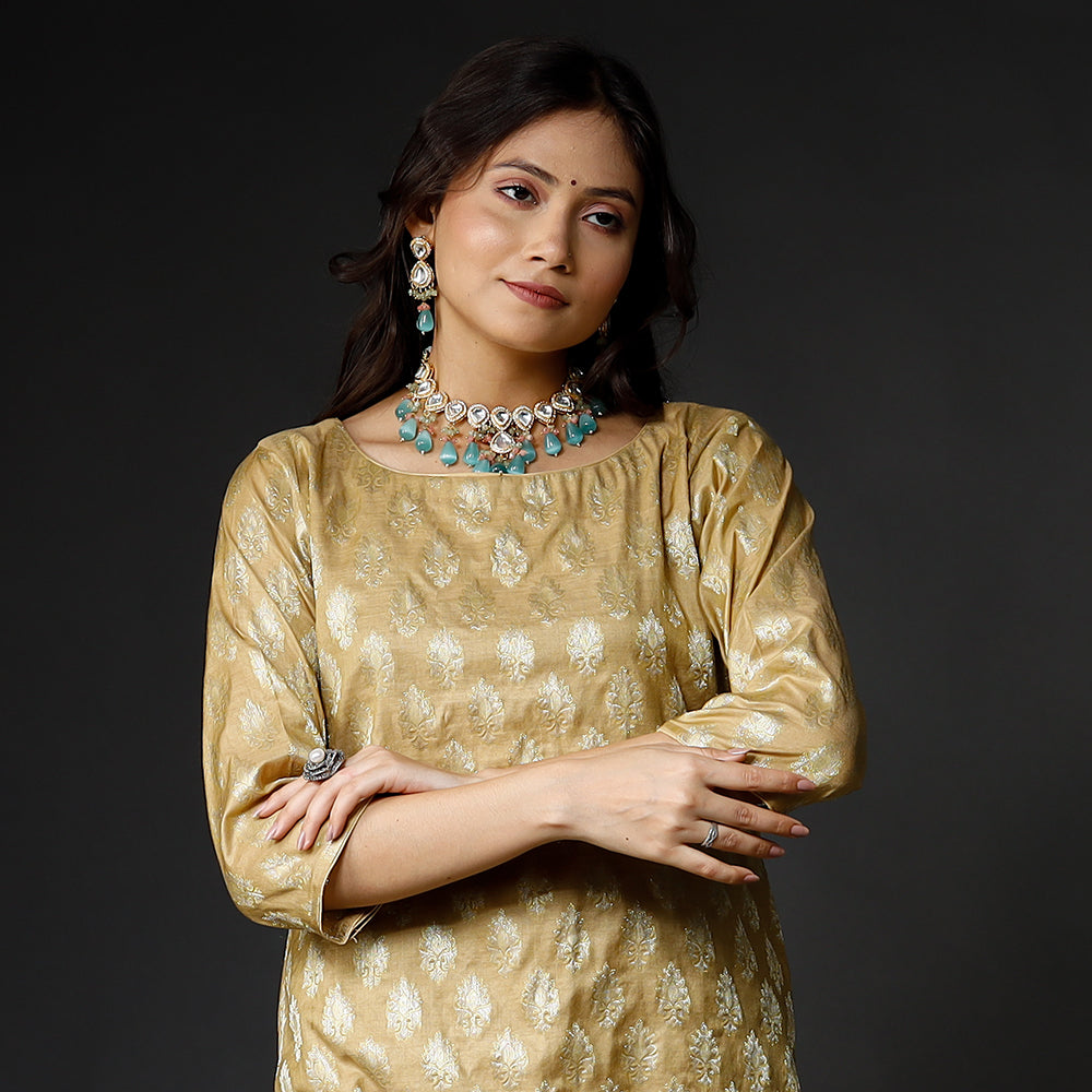 Mellow yellow - Banarasi Silk Zari Work Kurta with Palazzo & Dupatta Set