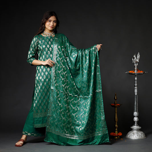 Dark Green - Banarasi Silk Zari Work Kurta with Palazzo & Dupatta Set