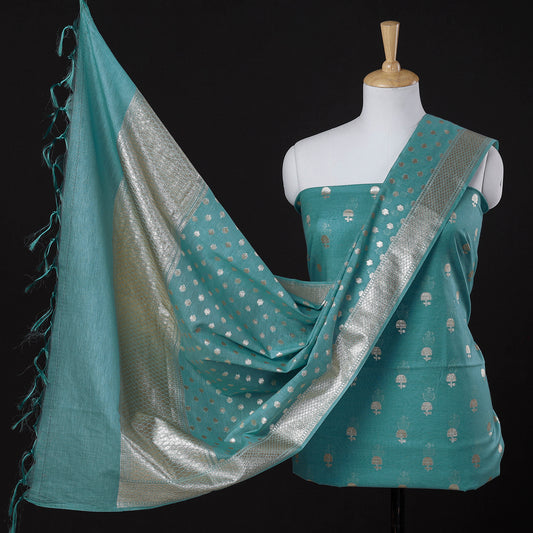 Blue - 3pc Banarasi Cotton Zari Weaving Suit Material Set