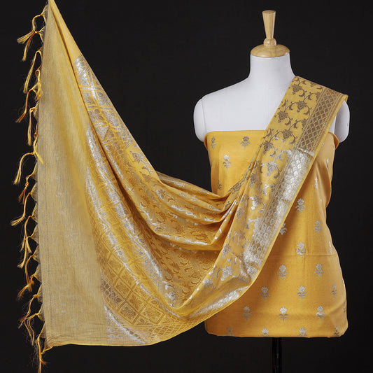 Yellow - 3pc Banarasi Cotton Zari Weaving Suit Material Set
